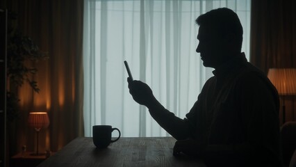 A man stands at a table with a phone in his hand, a cup of coffee stands nearby. A man types a message, talking on video call. The dark silhouette of a man in the living room at the table.