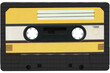 Black audio cassette, compact cassette, cassette tape with a yellow label. High resolution isolated on a transparent background