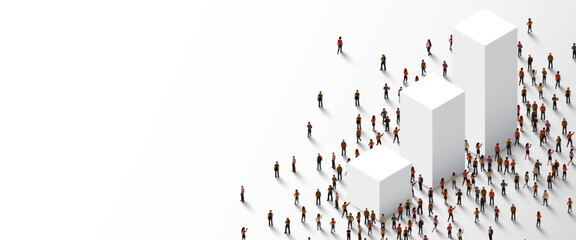 Financial analytics concept. 3D chart with people crowd. Business application template.