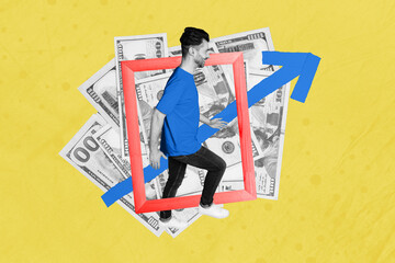 Poster - Artwork collage of mini black white effect guy walk wooden photo frame big dollar banknotes bills arrow pointer isolated on yellow background