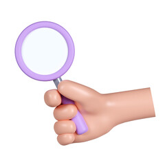 Poster - 3d hand hold magnifying glass. Search icon. icon isolated on pink background. 3d rendering illustration. Clipping path.
