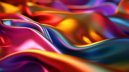 Poster - 3d render, abstract background, multicolored wavy silk fabric generative ai