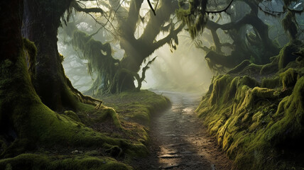  landscape fog in the old forest huge trees covered with moss mystical view. Generative AI