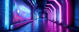 Generative AI illustration of the futuristic city in the style of cyberpunk. Empty street with colorful neon lights. Beautiful night cityscape.
