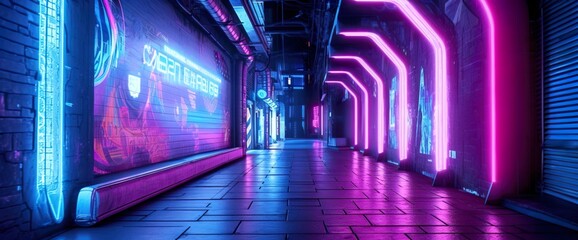 Wall Mural - Generative AI illustration of the futuristic city in the style of cyberpunk. Empty street with colorful neon lights. Beautiful night cityscape.