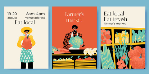 Farmers market invitation vector postcard set with funny characters selling vegetables