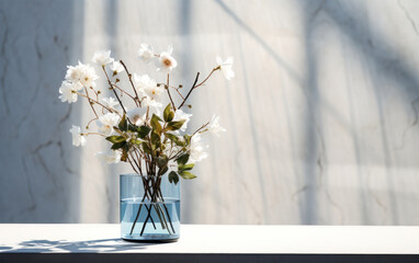 Serene Beauty: Blue Glass Vase with White Rose Flower on Concrete Counter, luxury interior design decoration product display background