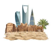 Kingdom Of Saudi Arabia Skyline With Nature. Celebrating The National Day. Abstract Design Template. Old Arch And Dune Sand, 3d Illustration. Isolated White Background.