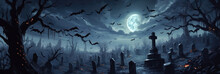 Dark Background Of Graveyard With Moon And Bats. Generative Ai