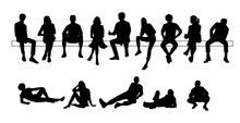 Vector Silhouettes Of A Men And A Women Sitting On A Bench, A Group Of Business People, Black Color On A White Background
