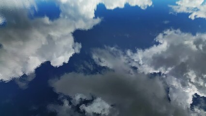 Wall Mural - aerial top view of blue sky with clouds reflection in water of lake, abstract background, 4k