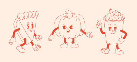 Funny Retro Fall greeting card with retro cartoon Pumpkin Character in groovy 70s Vintage Style. Happy Autumn Illustration with pumpkin spice latte and pumpkin pie. Contour vector illustration.