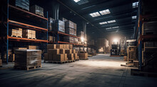 Evoking An Ambiance Of Empty Warehouse With Dramatic Lighting. Generative Ai