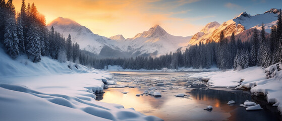 Wall Mural - Winter in alps at sunset 