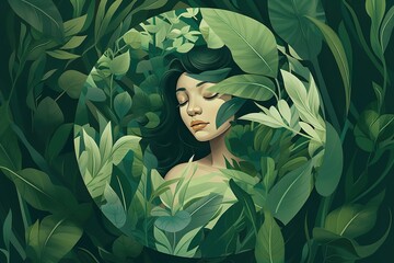 Wall Mural - a cartoon depiction of a lady in the midst of a bunch of leaves