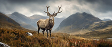 Red Deer Stag On The Dramatic Mountain 