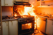 Stove catches fire. Fire hazard from kitchen oven. Generative AI
