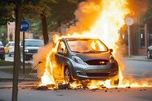 Electric Car Catches Fire. Fire Hazard From Electric Vehicles. Generative AI