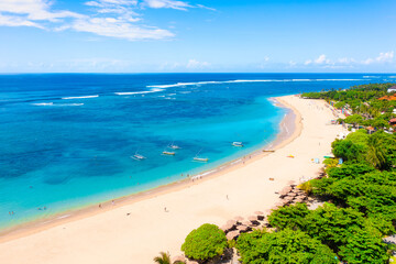 Poster - Seashore with palm trees and cafes. Coast as a background from top view.  Aerial landscape. Background from drone. Summer seascape from air. Vacation time.