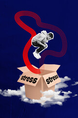 Sticker - Creative trend collage of young man jumping in carton box stress clouds depressed overworked freelancer employee stressful lifestyle