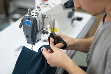 Wall Mural - workers in an industrial garment factory sew clothes on sewing machine