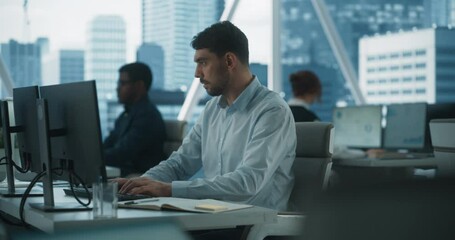 Poster - Male Account Manager Typing On Desktop Computer In Diverse Corporate Office With Megapolis Window View. Professional Caucasian Man Creating Report For Consulting Company. Dramatic Evening Edit.