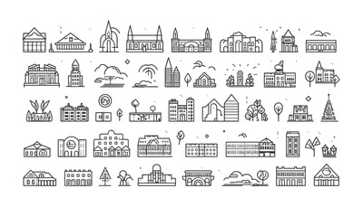 Wall Mural - Icons of the city in the form of lines on a transparent background with editable strokes