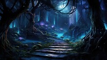 Stone Path Through Bioluminescent Fantasy Forest
