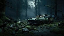 Abandoned Car Wreck Without Lamps, In The Middle Of A Dark Forest With Moss