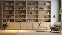 Library Shelves With Books, Pure Solid Wood Full-wall Bookshelf