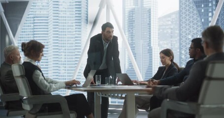 Poster - Multiethnic Diverse Office Conference Room Meeting: Team of Professional Investors Talk, Discuss Growth Strategy With Caucasian Male CEO. Stylish Businesspeople work on e-Commerce Startup Project.
