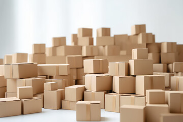 Huge pile of  many cardboard plain boxes on white background. Lots of of kraft simple boxes. Creative wallpaper concept of moving, transportation, housewarming , delivery company. Generative AI photo.