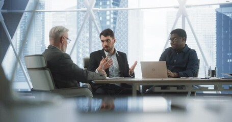 Poster - Corporate Office Conferrence Room Meeting: Three Diverse Male Business Partners Talking, Discussing Investment Opportunities, Using Laptop. Black And Caucasian Entreprenuers Running Tech Startup.
