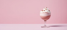 Coffee Cocktail With Whipped Milk Cream Foam In Glass Isolated On Pastel Flat Pink Background With Copy Space. Alcoholic Irish Coffee Drink, Minimal Concept. Generative AI.