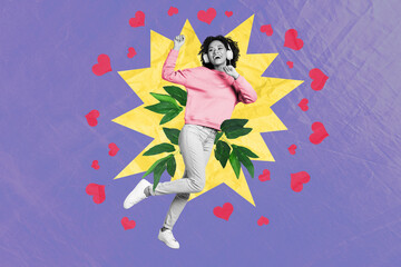 Poster - Collage image of cheerful black white effect girl listen music earphones dancing plant leaves drawing hearts isolated on violet paper background