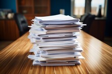 A Stack Of Papers Sitting On Top Of A Wooden Table. AI