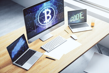 Aufkleber - Modern computer display with creative Bitcoin symbol hologram. Mining and blockchain concept. 3D Rendering