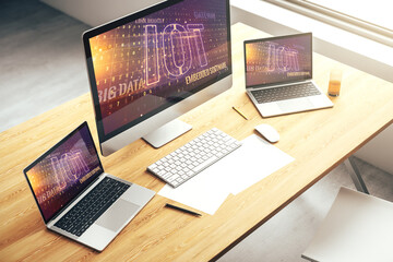 Poster - Creative IOT illustration on modern computer monitor, future technology concept. 3D Rendering