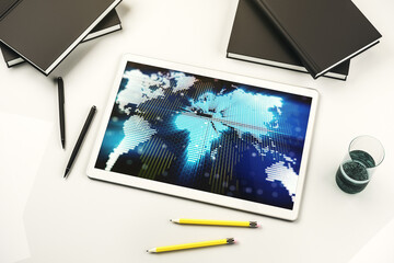 Poster - Top view of modern digital tablet display with abstract graphic world map, big data and networking concept. 3D Rendering