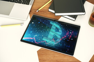 Aufkleber - Creative Bitcoin concept on modern digital tablet screen. Top view. 3D Rendering