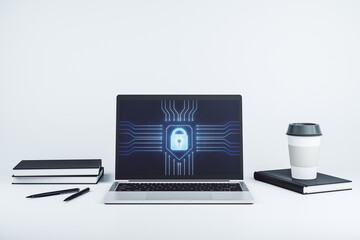 Poster - Creative idea concept with lock symbol and microcircuit illustration on modern laptop screen. Protection and firewall concept. 3D Rendering