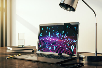 Aufkleber - Creative abstract binary code hologram on modern computer monitor, AI and machine learning concept. 3D Rendering