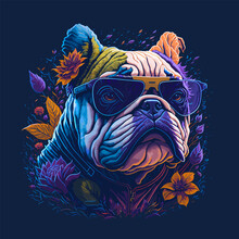Futuristic English Bulldog Dog Head Illustration With Flower And Sunglasses On Clean Background. Vintage Painting Style Design With Floral Elements For T-Shirt, Poster, Banner, Invitation Or Cover.