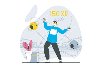 Aufkleber - Virtual reality concept with people scene in flat design for web. Man in VR headset playing in futuristic game with augmented space. Vector illustration for social media banner, marketing material.