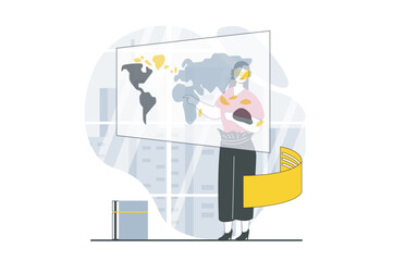 Aufkleber - Virtual reality concept with people scene in flat design for web. Woman in VR headset working and interacting with screen in metaverse. Vector illustration for social media banner, marketing material.