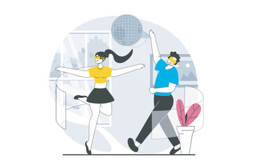 Aufkleber - Virtual reality concept with people scene in flat design for web. Woman and man in VR headsets dancing in club augmented simulation. Vector illustration for social media banner, marketing material.