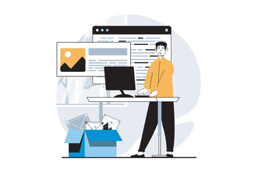 Poster - Web development concept with people scene in flat design. Man working with webpage wireframe mockup, building interface of template. Vector illustration for social media banner, marketing material.