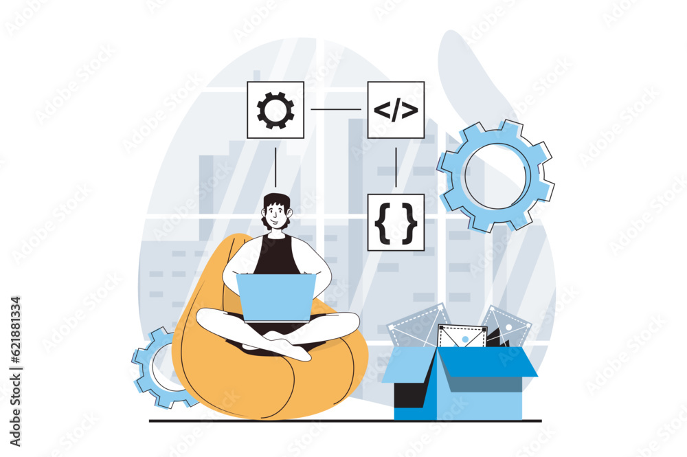 Web development concept with people scene in flat design. Man creating ...