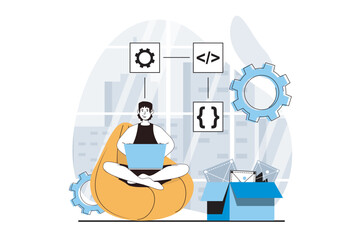 Web development concept with people scene in flat design. Man creating algorithm of engineering project, coding and creating product. Vector illustration for social media banner, marketing material.