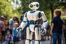 Humanoid Robot In A Park Among Children